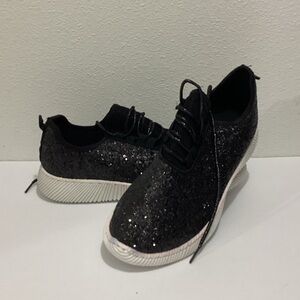 H2K Sparkling Black Glitter Sneakers Lightweight Athletic Shoes Size 8